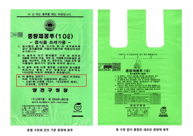 양천구, 통합된 종량제 봉투 비교 전후. 양천구 제공