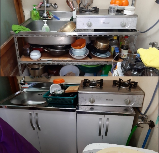 서울 종로구가 ‘2020 독거어르신 주거환경개선사업’으로 진행한 싱크대 개보수 전후 모습. 종로구 제공