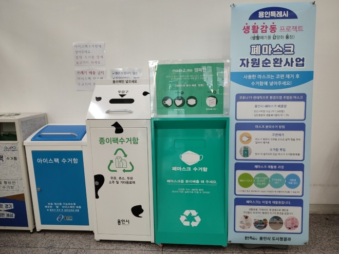 용인 시청사와 수지구 아파트 1곳 등 2곳에 시범 설치한 폐마스크 수거함.  용인시 제공