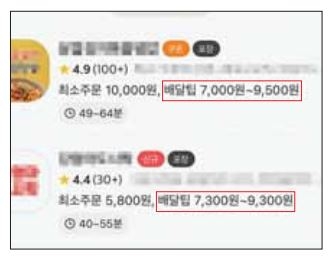 서울 일대 일부 한식집이 설정해 놓은 배달팁 구간이 7000원에서 9500원까지 1만원에 육박한 모습. 소비자가 내는 배달팁은 업주가 직접 설정하게 돼 있다. 배달 앱 화면 캡처