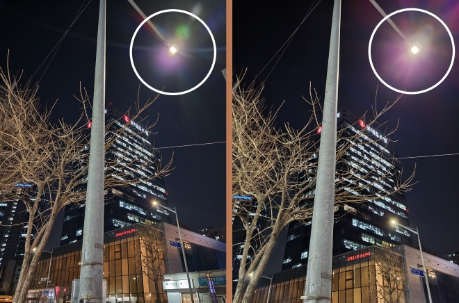 ▲ 삼성전자의 갤럭시 S22 울트라(왼쪽)와 직전 플래그십 스마트폰인 갤럭시 Z플립3(오른쪽)로 10일 저녁 동일한 야간 모드를 통해 서울 시내에서 가로등을 촬영해 봤다. Z플립3보다 S22 울트라에서 빛번짐 현상이 줄어든 것이 확연했고, 가로등 조명이나 뒤편 건물에서 나오는 빛도 보다 선명하게 표현됐다. 정확한 비교를 위해 같은 자리에서 같은 구도로 연속적으로 촬영했다. 나상현 기자