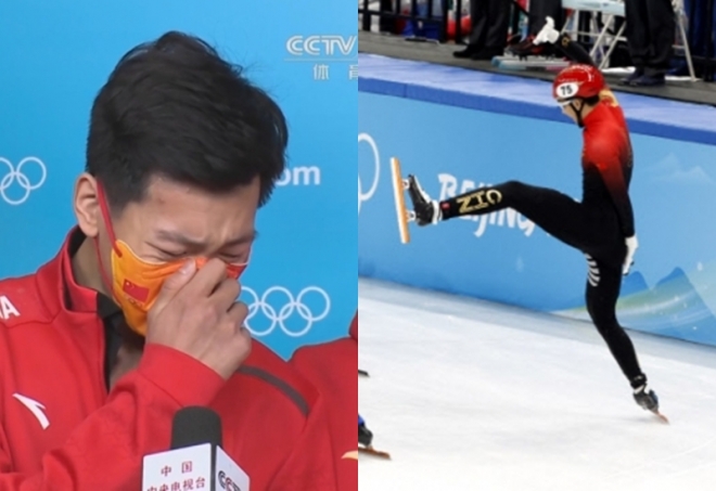 16일 중국 베이징 캐피털 실내경기장에서 열린 쇼트트랙 남자 5000m 결승에서 중국의 쑨룽이 넘어진 뒤 인터뷰에서 눈물을 흘리고 있다. 오른쪽은 쑨룽이 경기 중 혼자 삐끗하며 넘어지는 모습. CCTV 캡처·EPA 연합뉴스