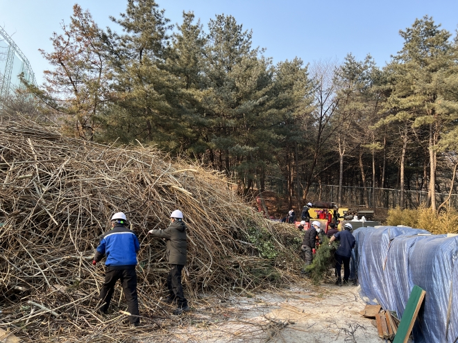 서울 강북구 관계자들이 공원 녹지를 정비하는 과정에서 임목 부산물이 나와 쌓여 있다. 강북구 제공