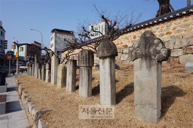 밀양부 관아 앞에 늘어선 선정비들.