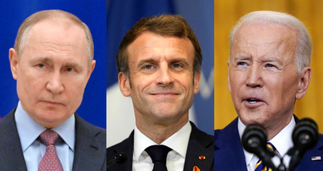 블라디미르 푸틴(왼쪽) 러시아 대통령. 에마뉘엘 마크롱(가운데) 프랑스 대통령. 조 바이든(오른쪽) 미국 대통령. AP·AFP 연합뉴스