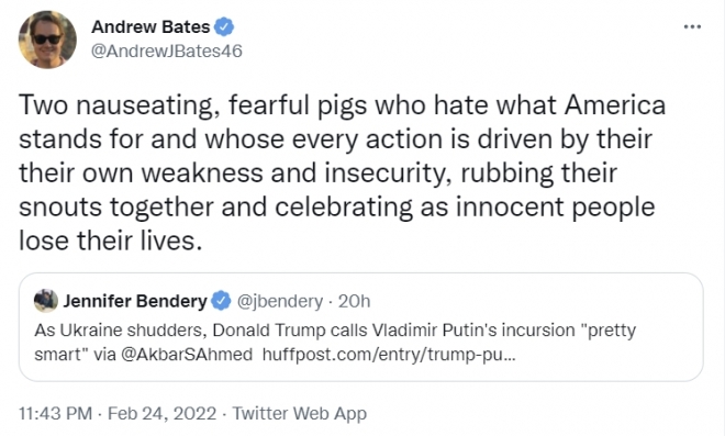 백악관 관계자, 푸틴·트럼프에 “역겨운 돼지 2마리”