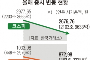 ‘삼중고’ 코스피·코스닥 대형주 급락… 두 달간 시총 162조 증발