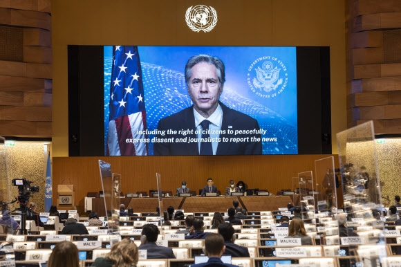 유엔 인권이사회 회의서 러시아 비난하는 미 국무장관