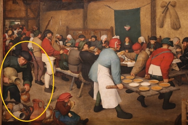 네덜란드 화가 피터 브뤼겔의 1568년작 ‘농부의 결혼식’. 한 사람이 축하연을 위해 자연 발효 맥주인 람빅을 도자기 용기인 피처에 나눠 담고 있다.