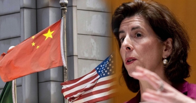 중국·미국 국기(왼쪽), 지나 러몬도 미 상무장관(오른쪽). EPA 연합뉴스