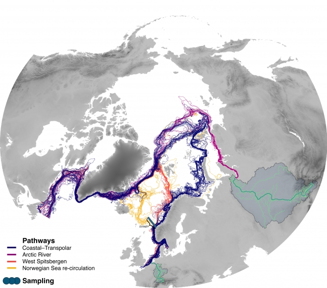 북극해 미세플라스틱의 오염 지도 노르웨이 과학자들이 밝혀낸 유럽 유래 미세플라스틱의 북극 이동경로 지도  노르웨이 해양연구소 제공