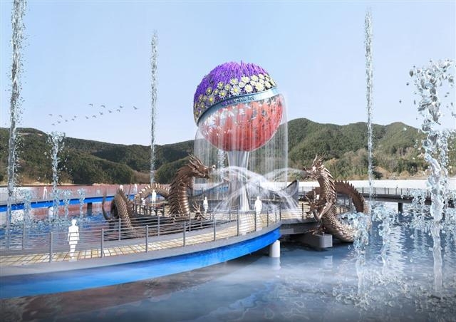 전북 정읍이 ‘사계절이 즐거운 관광도시 만들기’에 나섰다. 정읍만의 색을 입혀 시의 랜드마크가 될 용산호에 조성 중인 미르샘 분수.  정읍시 제공