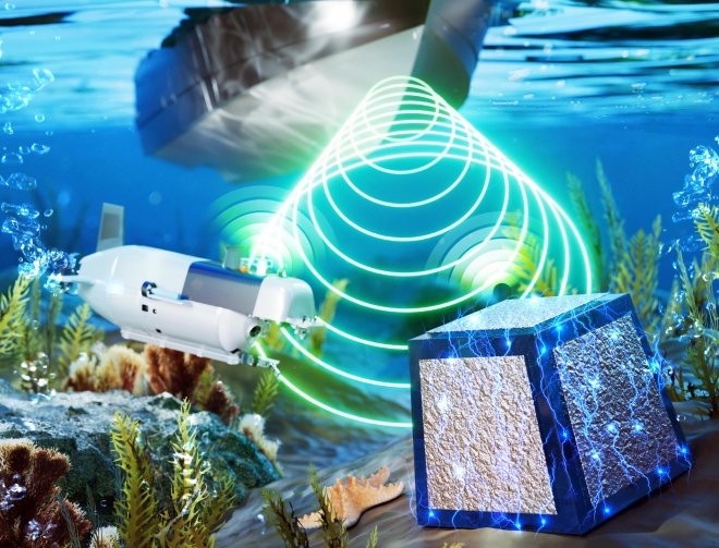 초음파로 물 속 장비까지 충전 바닷속에서 초음파를 전송해 무선으로 전력을 발생시켜 무인 잠수정 또는 센서를 구동하는 개념도  KIST 제공
