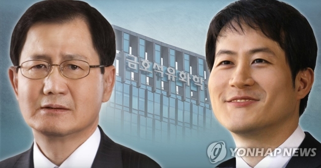 박찬구(왼쪽) 금호석유화학 회장과 조카 박철완 전 상무. 연합뉴스