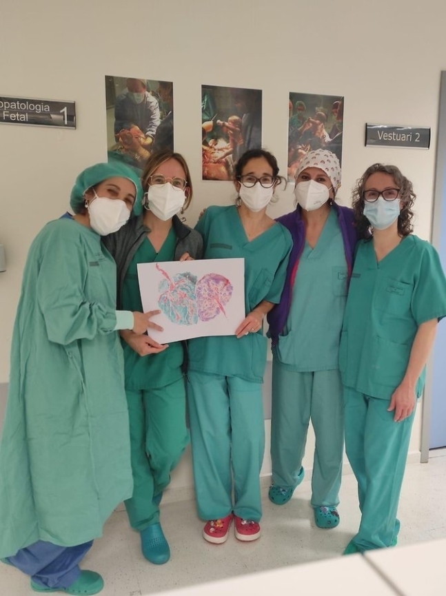 스페인 발렌시아 동부 카스텔론 주 비나로스 시의 한 병원에서 의료진들이 양막에 쌓여 태어난 쌍둥이들을 그림으로 그려 들고 있다. 트위터 캡처