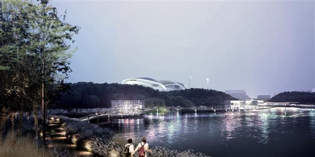 풍암저수지를 품고 있는 중앙공원이 광주를 대표하는 ‘명품 호수공원’으로 재탄생한다. 사진은 공원 조성이 마무리된 광주 중앙공원 전경. 야간경관조명이 환히 밝혀진 풍암호수 주변에 ‘빛고을 광주’를 상징하는 2개 동의 파빌리온이 보인다.  광주시 제공