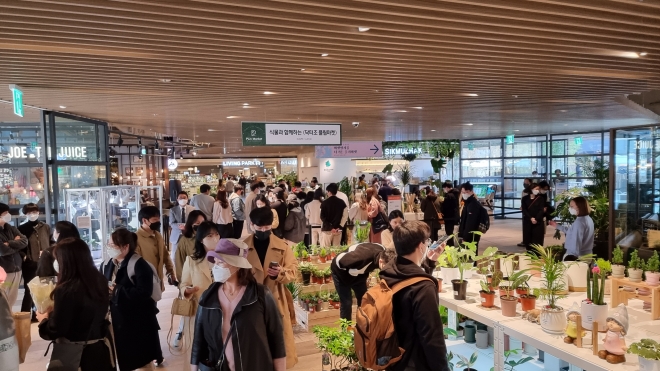 시민들이 지난 3일 서울 용산구 아이파크몰의 희귀식물마켓 행사장에서 식물들을 구경하고 있다. 이날 500명이 넘는 방문객이 행사장을 찾은 것으로 전해졌다. 주식회사 누보 제공.