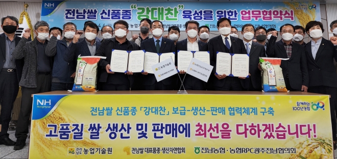최정현 강대찬 생산자연합회장, 박홍재 전남도농업기술원장, 박서홍 전남농협지역본부장, 양용호 광주·전남 농협 미곡종합처리장(RPC)운영협의회장이 최근 신품종 전남 쌀 ‘강대찬’ 육성을 위한 업무협약을 체결했다. 농협전남지역본부 제공