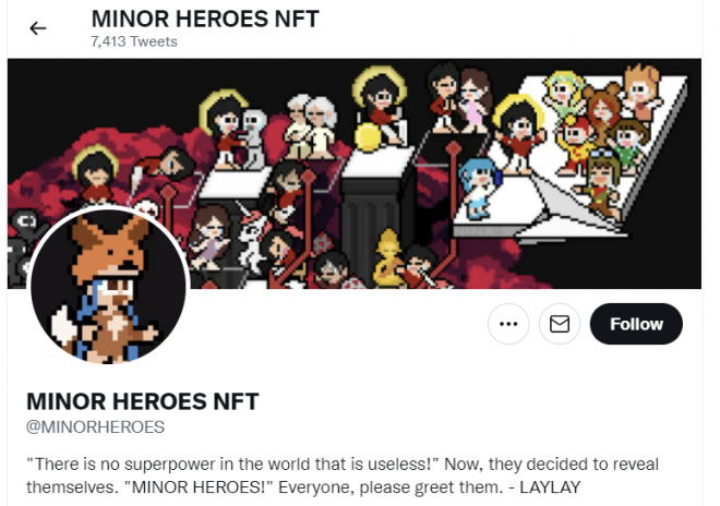 레이레이 작가의 ‘마이너 히어로즈’ NFT의 SNS 페이지. “이 세상에 무의미한 슈퍼파워는 없다”고 말하고 있다. 트위터 캡처.