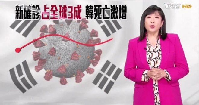 대만 방송국 TVBS 뉴스가 한국의 코로나19 관련 보도를 하면서 태극 문양에 바이러스 모양 CG를 합성했다. TVBS 유튜브 캡처