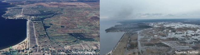 러시아의 우크라이나 침공 이틀째인 지난 2월 25일(현지시간) 우크라이나 키이우 북부 마을 데미디우가 물에 잠겨 있다.(오른쪽 사진) 우크라이나군은 수도 키이우로 진격하는 러시아군을 저지하기 위해 댐의 문을 고의로 열어 마을을 물에 잠기게 했다. 왼쪽 사진은 전쟁 이전의 데미디우의 모습. 2022.4.28  빔 츠비넨버그 트위터(@wammezz)