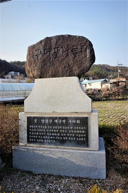 원호 장군이 남한강변에 주둔한 왜군을 섬멸한 오늘날의 양평 개군 구미포나루터에 세워진 표석. 서동철 논설위원