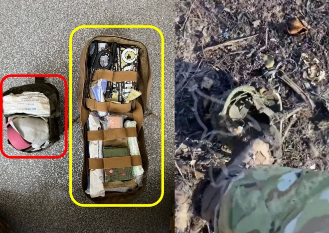 러시아군(빨간색)과 우크라이나군(노란색)에 배급된 구급상자. 오른쪽 사진은 러시아군의 헬멧이 유리처럼 부서지는 모습. 2022.05.03 트위터