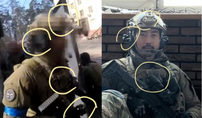 3일 웹사이트 FUNKER530에 올라온 우크라이나 전투 영상 속 인물(왼쪽)과 이근씨가 지난 3월 30일 인스타그램에 올린 사진(오른쪽)의 인상착의를 비교하며 두 사람이 같은 인물이라는 주장이 온라인상에 퍼지고 있다. 이토랜드 게시글 캡처