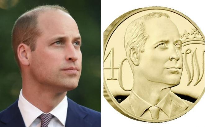 영국 조폐국 ‘로얄민트(Royal Mint)’가 6월 21일 윌리엄 왕자의 생일을 앞두고 공개한 동전의 모습(오른쪽). 2018년 6월 요르단 암만의 영국 대사 관저에서 열린 여왕의 생일 파티에서 찍은 윌리엄 왕자의 모습을 모델로 삼은 것으로 보인다(왼쪽). 텔레그레프 캡처