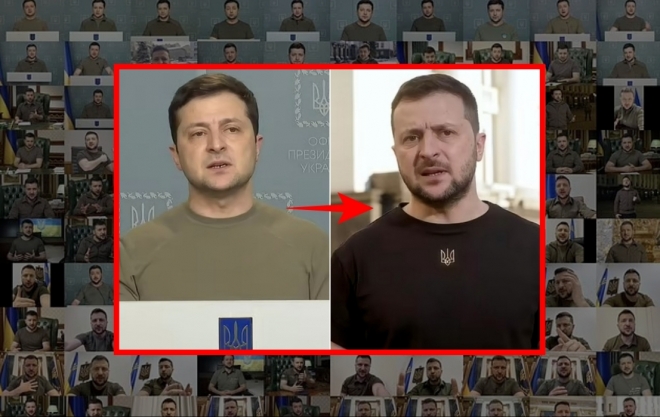 볼로디미르 젤렌스키 우크라이나 대통령의 개전 첫날(2월 24일) 연설 영상(왼쪽), 개전 100일째(6월 3일) 연설 영상(오른쪽)