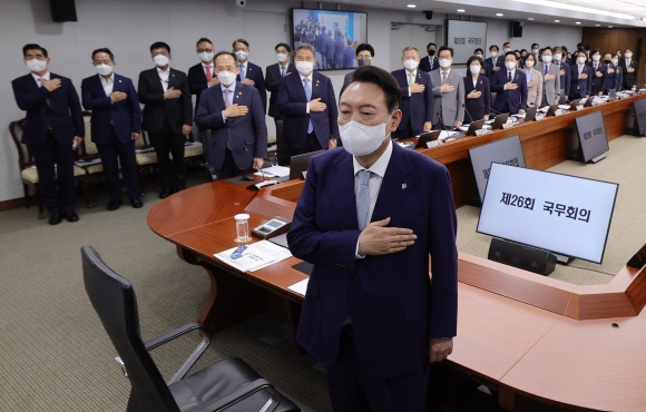 윤석열 대통령이 7일 서울 용산구 대통령실 청사에서 국무회의를 하기 전 국무위원들과 국기에 대한 경례를 하고 있다. 윤 대통령은 이날 종로구 한 피자집에서 최상목 경제수석, 김대기 비서실장, 김용현 경호처장과 점심 식사를 한 뒤 10여명의 수행원들과 청계천 산책을 했다. 박지환 기자