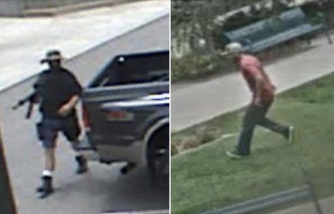 왼쪽이 지난해 6월 21일(현지시간) 미국 콜로라도주의 한 쇼핑가에서 총기를 난사하던 로널드 트로이키, 오른쪽이 그를 제압하고도 억울하게 경관의 총격을 받고 애꿎게 희생된 자니 헐리. 아바다 경찰서 제공 