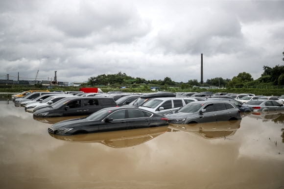 중고차 단지 잠기고…  경기 남부 지역에 시간당 최대 50㎜가 넘는 폭우가 쏟아진 30일 오전 수원 중고차 단지가 물에 잠겨 있다. 뉴시스