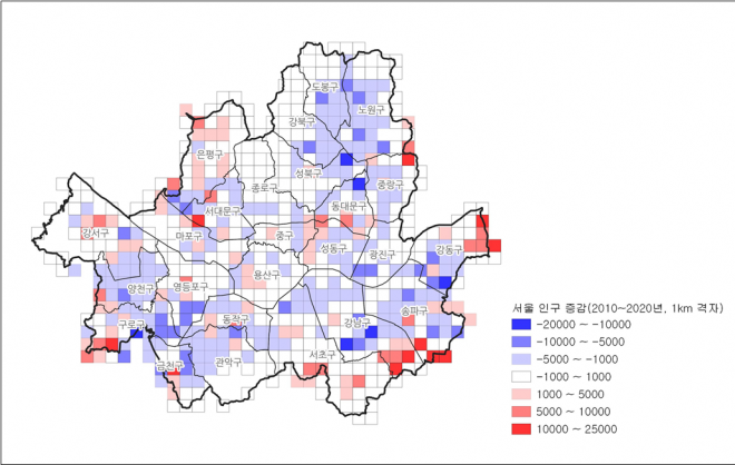 서울시 인구 증감(2010~2020년, 1km 격자)
