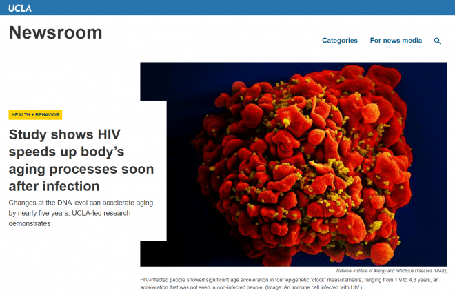 미국 로스앤젤레스 캘리포니아대(UCLA) 의대의 배스 제이미슨 혈액학 종양학 교수팀은 지난달 30일(현지시간) 오픈 액세스 저널 ‘아이사이언스’(iScience)에 게재한 논문에서 인체면역결핍바이러스(HIV)에 감염되는 것만으로도 5년까지 수명이 줄어들 수 있다는 연구 결과를 발표했다. UCLA 홈페이지 캡처