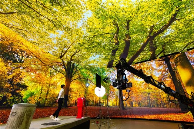5일 처음 공개된 경기 파주 CJ ENM 스튜디오 센터 내 ‘버추얼 프로덕션 스테이지’에서 울창한 숲속을 배경으로 연기하는 배우를 촬영하는 모습. CJ ENM 제공