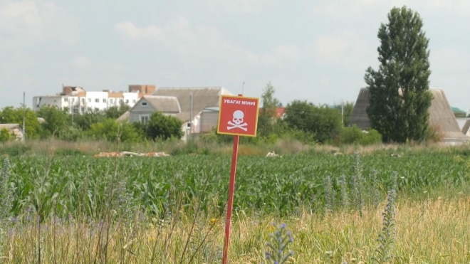 우크라이나 키이우 서쪽 마카리브 밀밭의 지뢰 경고 표지판. 영국 스카이뉴스 캡처