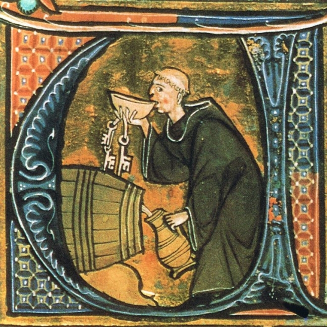 13세기 말 유럽의 한 수도사가 자신이 빚은 술을 시음하는 장면을 묘사한 작가 미상의 그림. Den medeltida kokboken 캡처