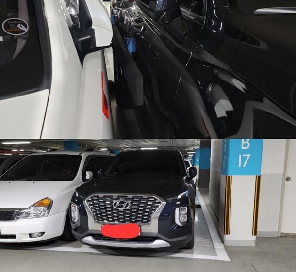 A씨가 공개한 B씨의 ‘비매너 주차’ 모습. 사진 보배드림