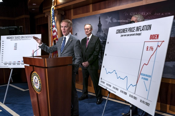 미국 공화당 소속인 제임스 랭크퍼드(왼쪽 첫 번째) 오클라호마주 상원의원과 마이크 크레이포 아이다호주 상원의원이 13일(현지시간) 워싱턴DC에서 기자회견을 열고 6월 소비자물가지수(CPI)가 41년 만에 최고 수준인 9.1% 급등하는 등 인플레이션이 계속 악화하는 것을 거론하며 조 바이든 행정부의 물가 정책을 비판하고 있다. 워싱턴DC AP 연합뉴스