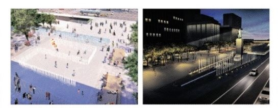 다음달 6일 개장하는 서울 광화문광장의 한글분수 조감도(왼쪽). 오른쪽 사진은 다음달 6일 개장하는 서울 광화문광장의 이순신 장군 동상 조감도. 서울시 제공