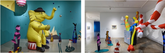이정윤 작가의 설치조형물 ‘노란 코끼리’와 이정윤 작가의 설치조형물 ‘꿈꾸는 선인장’.