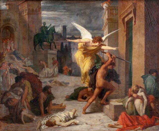 쥘 엘리 들로네의 1869년 작품 ‘로마의 역병’. 그림은 165~180년 ‘안토니누스 역병’으로 불린 천연두·홍역이 횡행한 시기 로마 캄피돌리오광장의 모습을 담고 있다. 로마의 역병은 분노한 신의 응징으로 해석돼 천사의 지시를 받은 역병이 죄인의 집을 덮치는 모습이 묘사됐다.