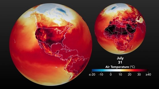 미 항공우주국(NASA)이 공개한 지난달 31일 서반구 폭염 지도. 붉을수록 기온이 높다는 뜻이다. NASA 