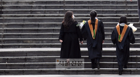 서울 소재 한 대학교 졸업식에 참석한 졸업생들이 계단을 올라 졸업식장으로 이동하고 있다. 2022. 2. 14 정연호 기자
