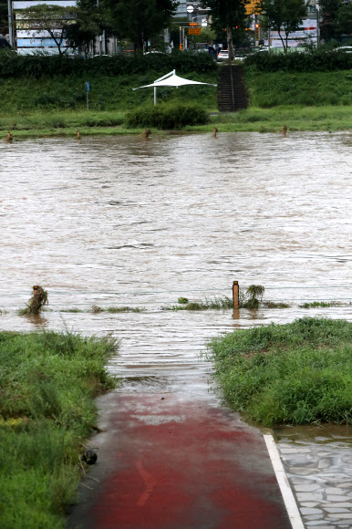 갑천 산책로 집어삼킨 폭우  16일 오전 대전시 갑천 물이 불어나 산책로가 잠겨있다. 대전에는 전날 오후 6시부터 이날 오전까지 65.5㎜의 폭우가 쏟아졌다. 2022.8.16 연합뉴스