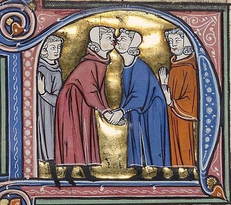 1300년대 스페인에서 제작된 중세 평화의 키스 장면이 담긴 그림. 중세인이 의례적 제스처에 몰두한 것에는 정치 질서와 상대방에 대한 존중의 의미가 담겨 있었다.  서울신문 DB