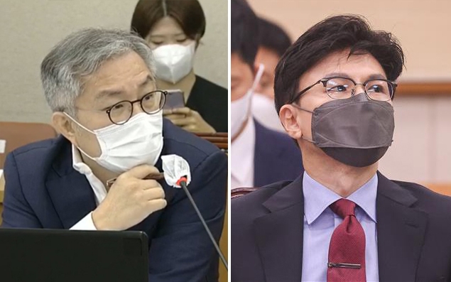 최강욱 의원(왼쪽)과 한동훈(오른쪽) 법무부 장관. 국회방송·국회 사진기자단