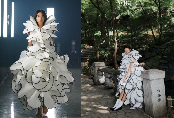 류노스케 오카자키 작품(왼쪽), 모델 한혜진이 보그 코리아 화보서 해당 제품을 입은 모습. 패션 커뮤니티·보그 코리아.