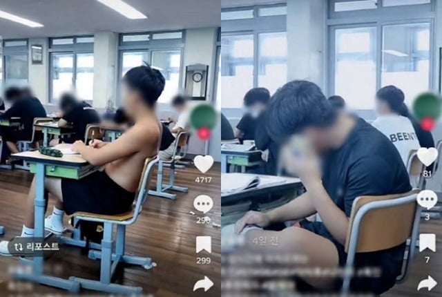 홍성군 모 중학교 교실에서 한 학생이 웃통을 벗고 앉아 있다. 틱톡 캡처